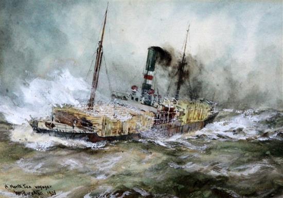 William Minshall Birchall (1884-1941) An Incoming Voyager, A North Sea Voyager, A British Merchantman and A North Sea Drifter 7 x 5in.